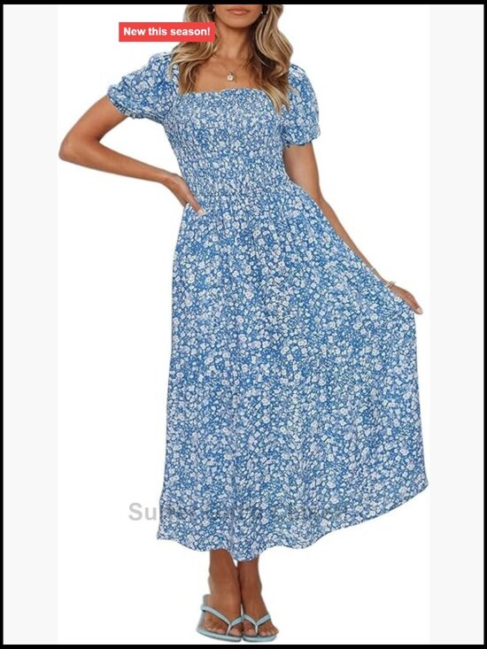 Dresses & Skirts - Ruffle Sleeve Boho Floral Maxi Dress Square Neck Smocked